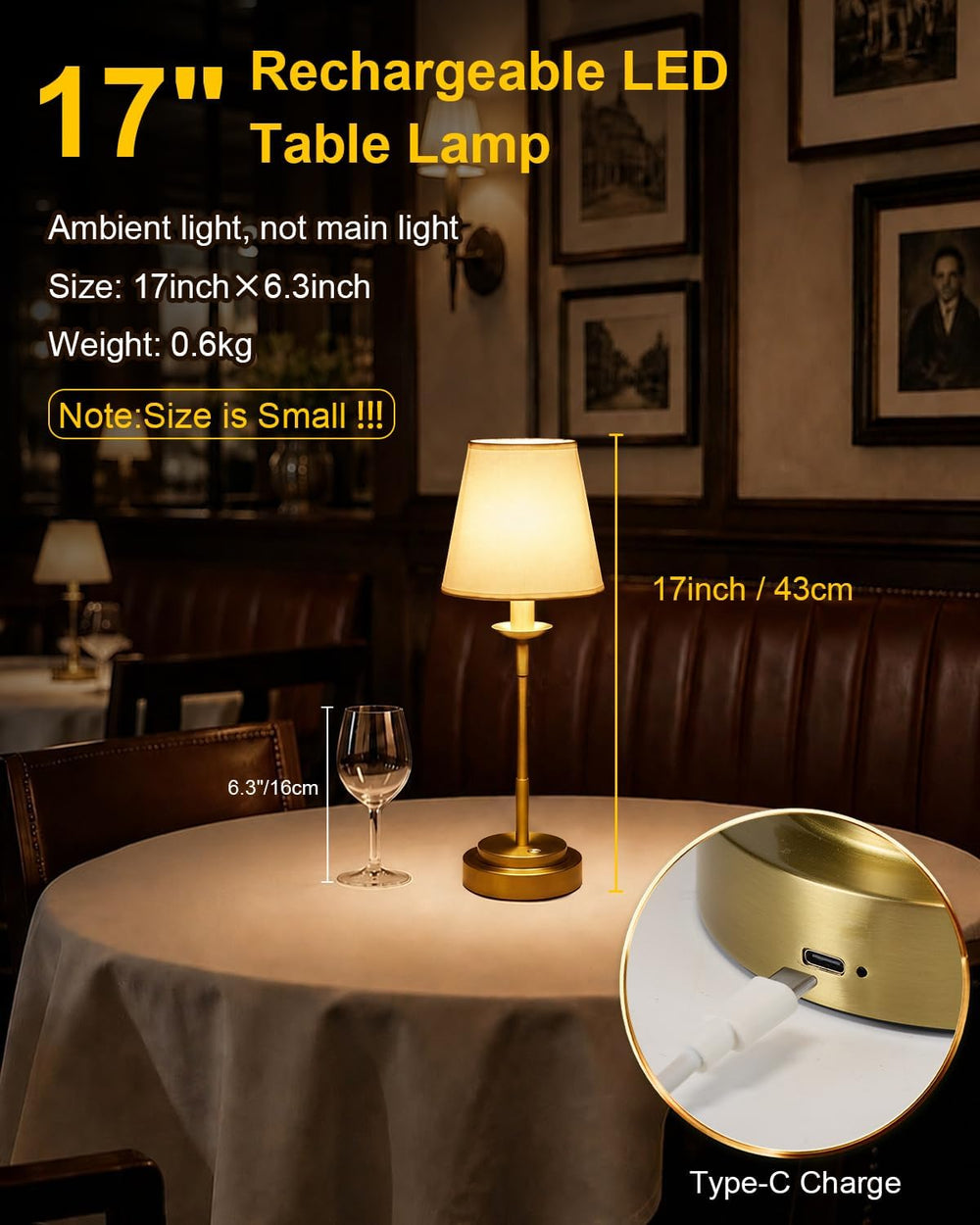 Rechargeable Cordless Table Lamp Brass 17‑inch,6000mAh Built‑in Battery