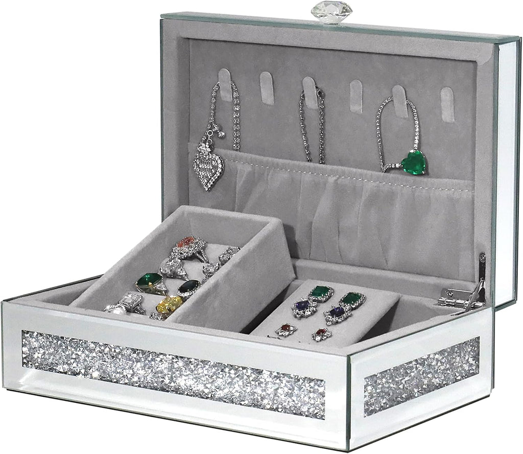 Mirrored Jewelry Box with Lid, Crushed Diamond Bling Jewelry Organizer for Women Girls, Ring Necklace Bracelet Storage Box, Gift Idea