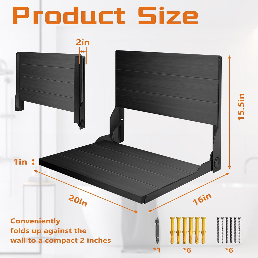 Teak Shower Bench, Folding Shower Chair Wall Mounted, Wood Folding Shower Seat, Teak Shower Bench for Inside Shower, 20 Inch Wide, 500 lbs Capacity (All Black, 20'' W x 16'' D x 20'' H)