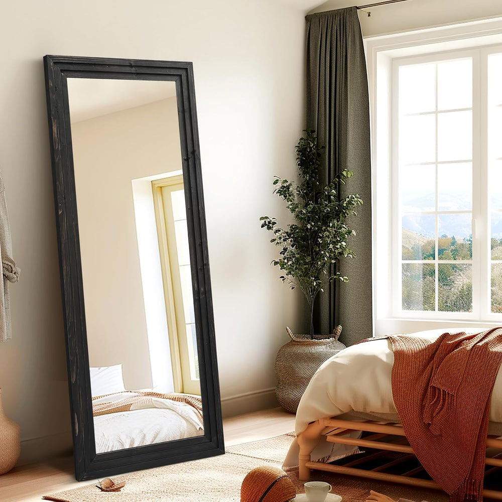 58x22in Full Length Mirror, 3-Tier Stepped Solid Wood Frame, Black