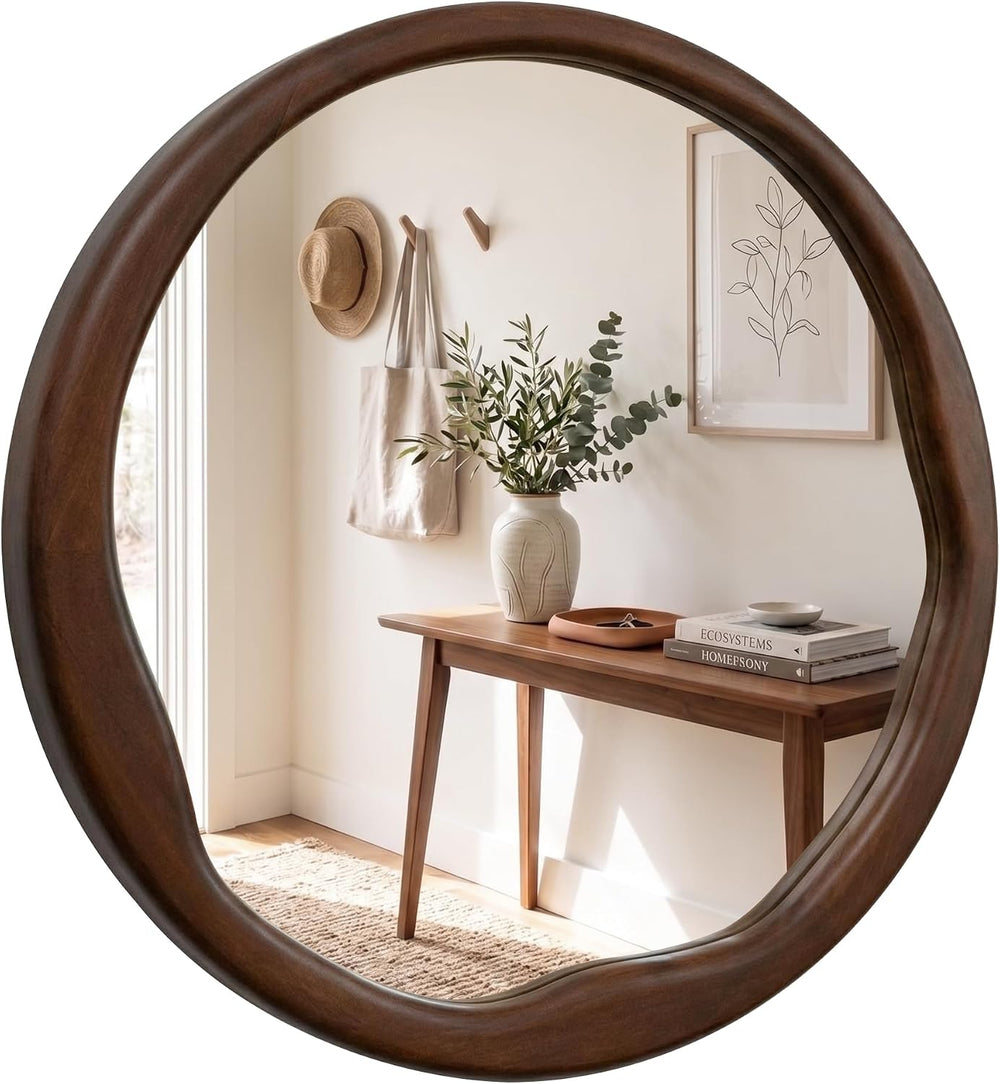 Dark Walnut 24 Inch Round Wood Wall Mirror, Asymmetrical Inner Edge
