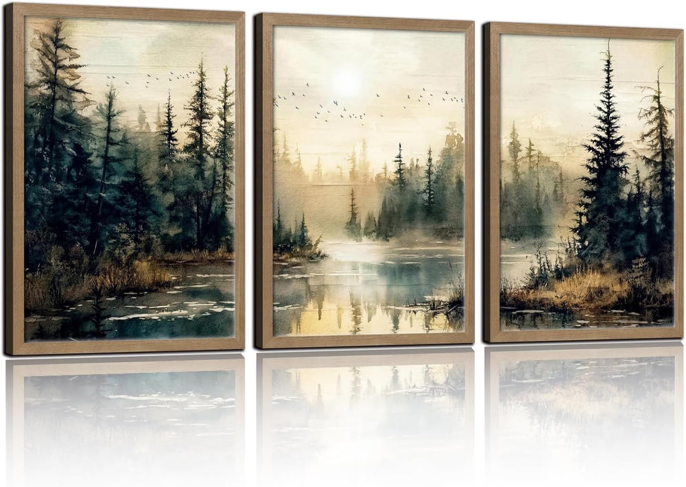 3Pcs Framed Wall Art Forest Landscape Canvas Poster Nature Painting Wall Deco...