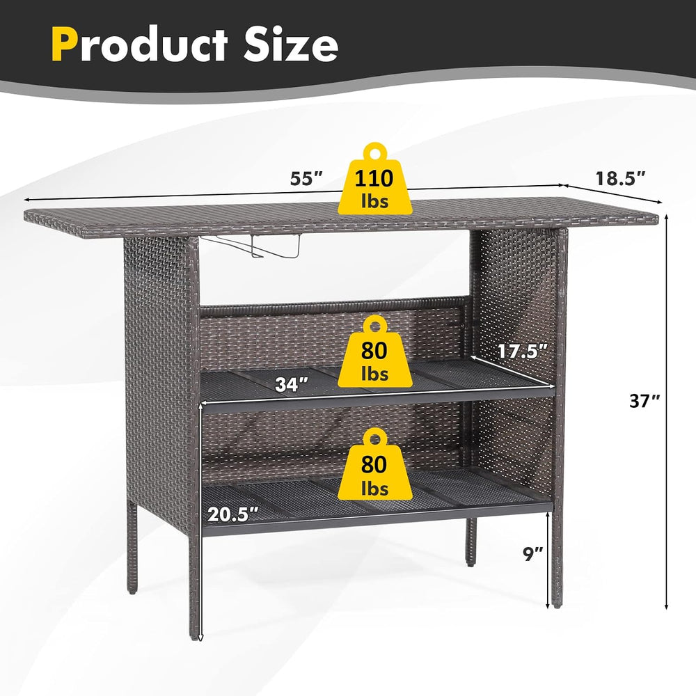 GIANTEX Outdoor Patio Wicker Bar Table, 2 Storage Shelves, 55''W Tabl...