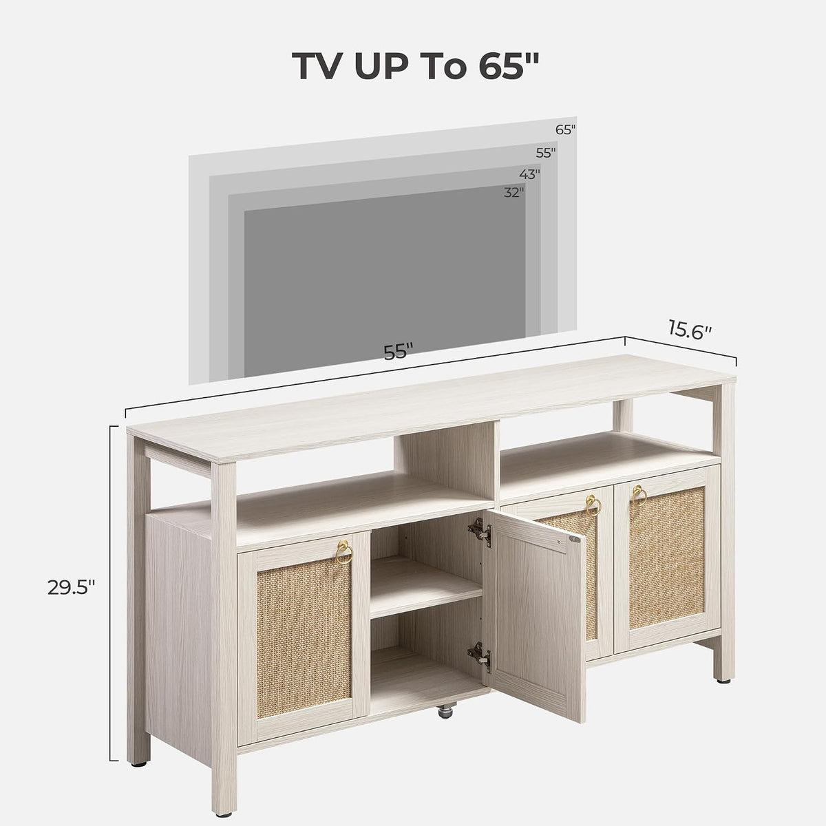 SICOTAS White Rattan TV Stand Entertainment Center Cabinet with 4 Doors