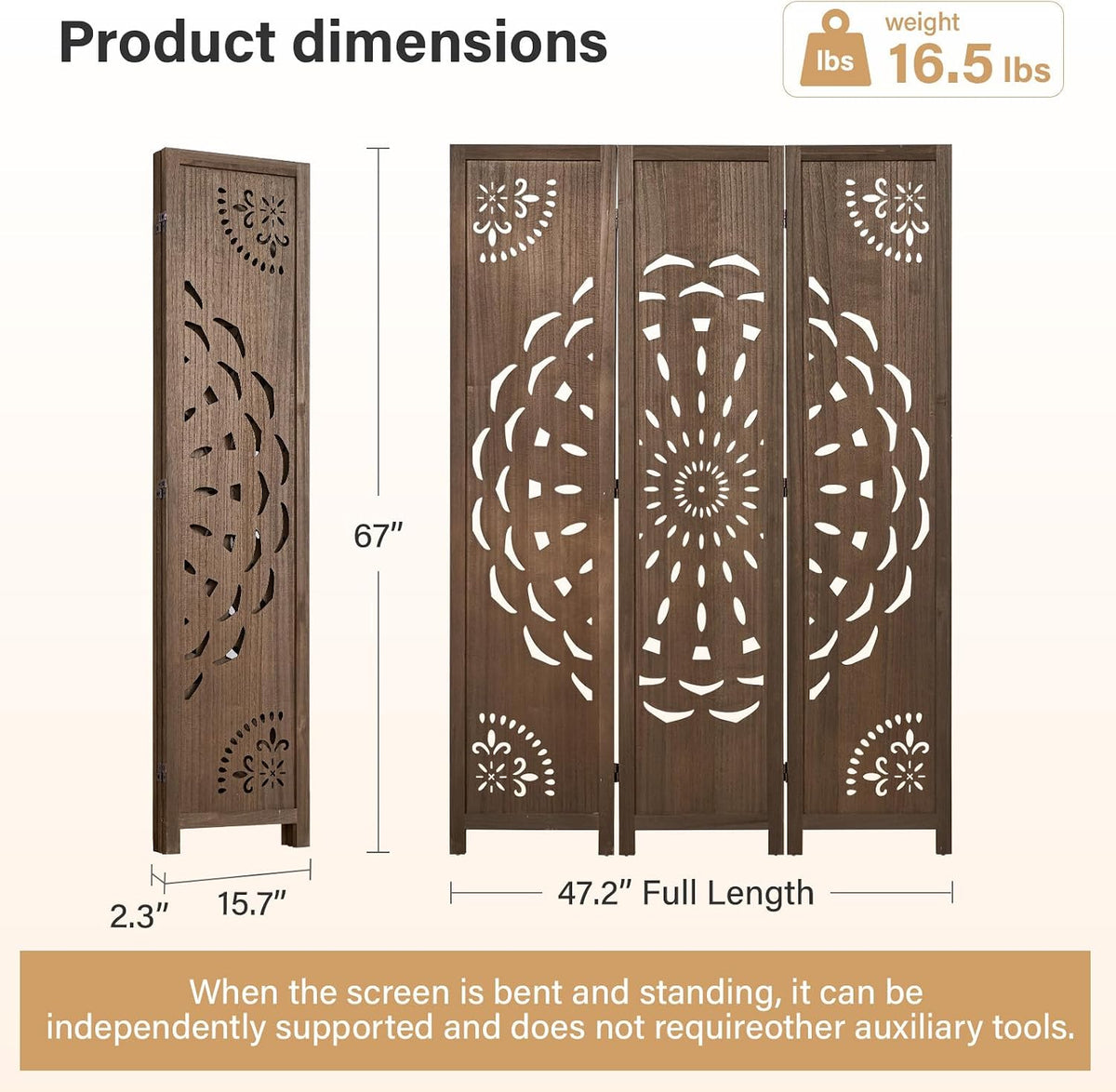 66.9Inch Wooden Room Partition - 3 Panels Boho-Styled Space Room Divider for Home/Office, Headboard & Yoga/Photo/Video Call Backdrop (Brown)