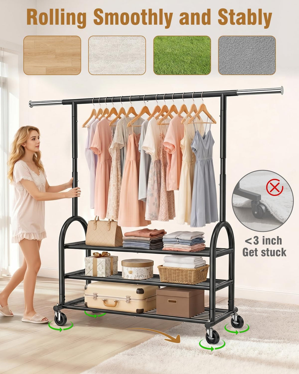 EAGMAK Rolling Clothes Rack Heavy Duty Clothing Racks with 3 Shelves, Black