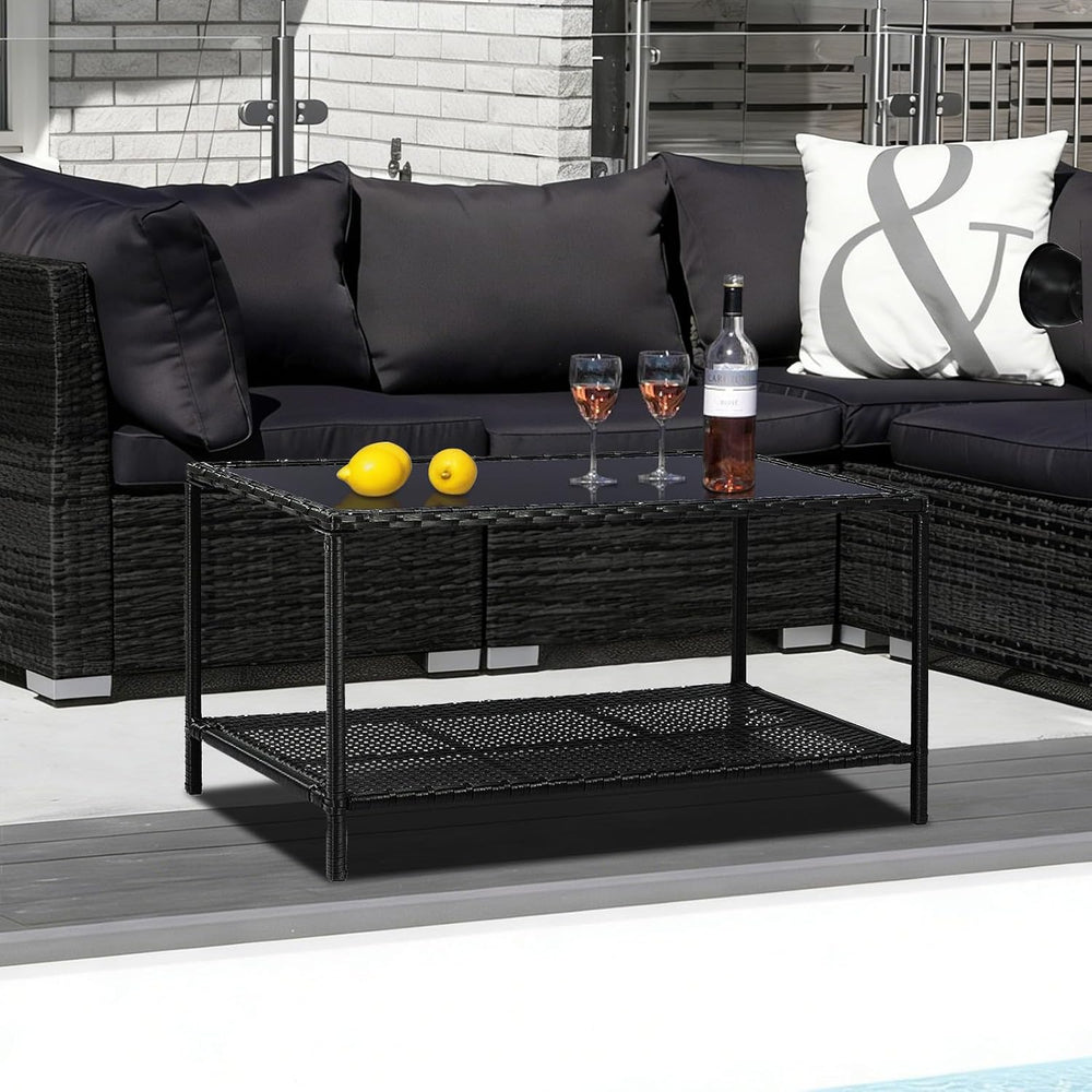 2-Tier All Weather Rattan Wicker Outdoor Coffee Side Table with Glass Top