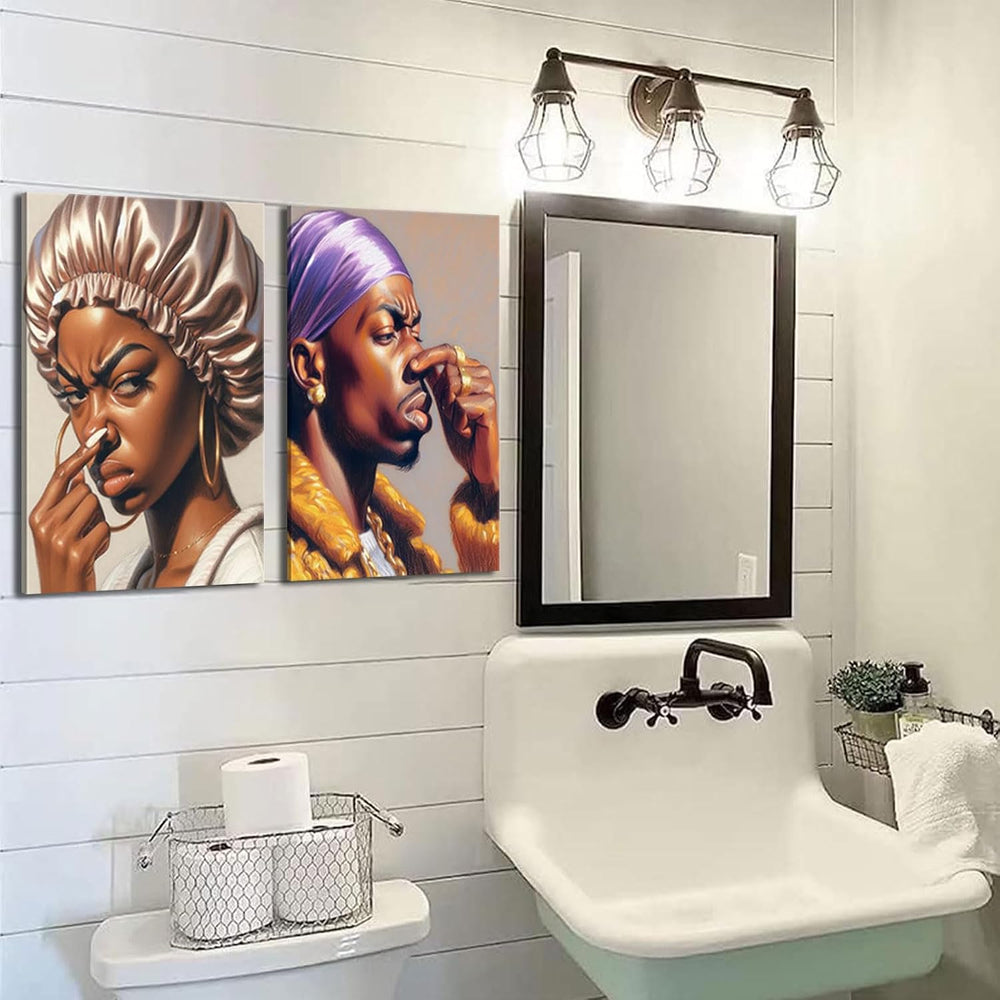 2Pcs Funny African American Bathroom Canvas Wall Art African men and Women Pi...