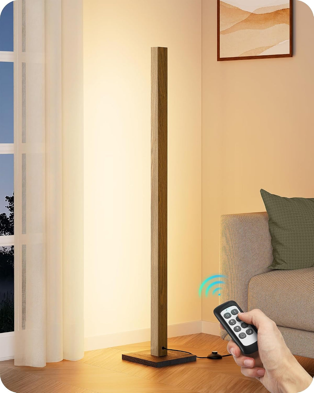 EDISHINE 48.43" Wooden LED Corner Floor Lamp with Remote, Dimmable &...