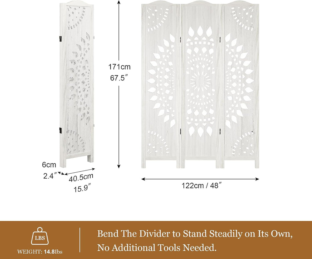 Room Divider 3 Panels,5.62FT Tall Boho Folding Wood Privacy Screen