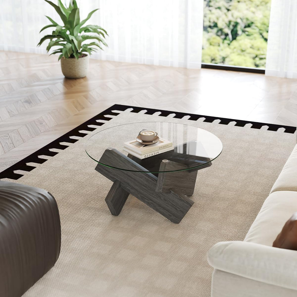 Gray Round Glass Coffee Table,33" Round Coffee Tables for Living Room Cl...