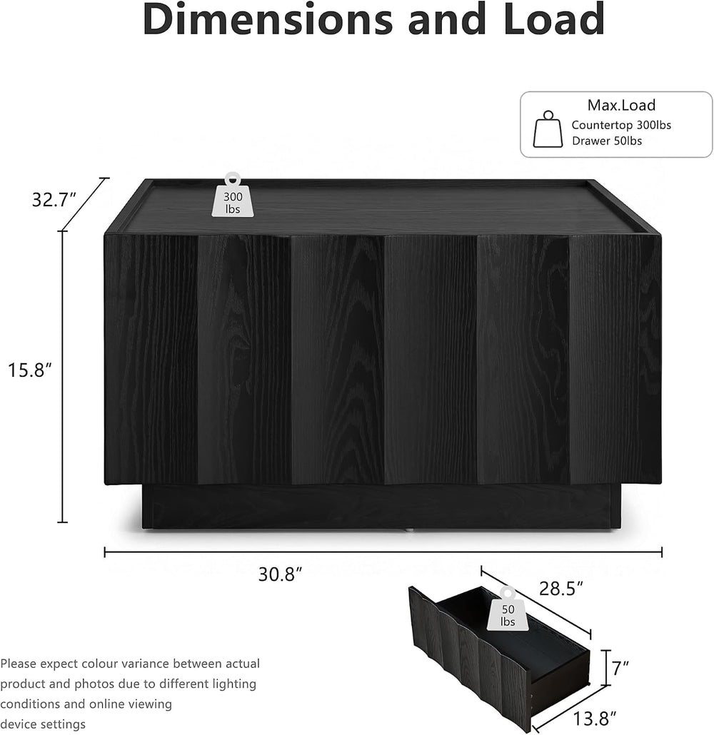 win2win Square Coffee Table with Storage, Wave Design, Black