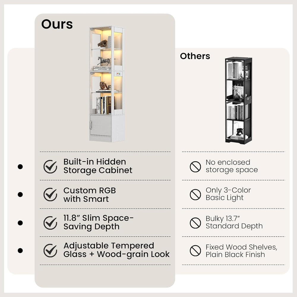 Display Cabinet with Glass Doors, RGB Lighting & Bottom Storage, White