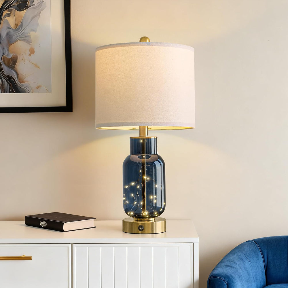 Oneach 22" Glass Table Lamps Set of 2 with LED Nightlight for Bedroom, Blue