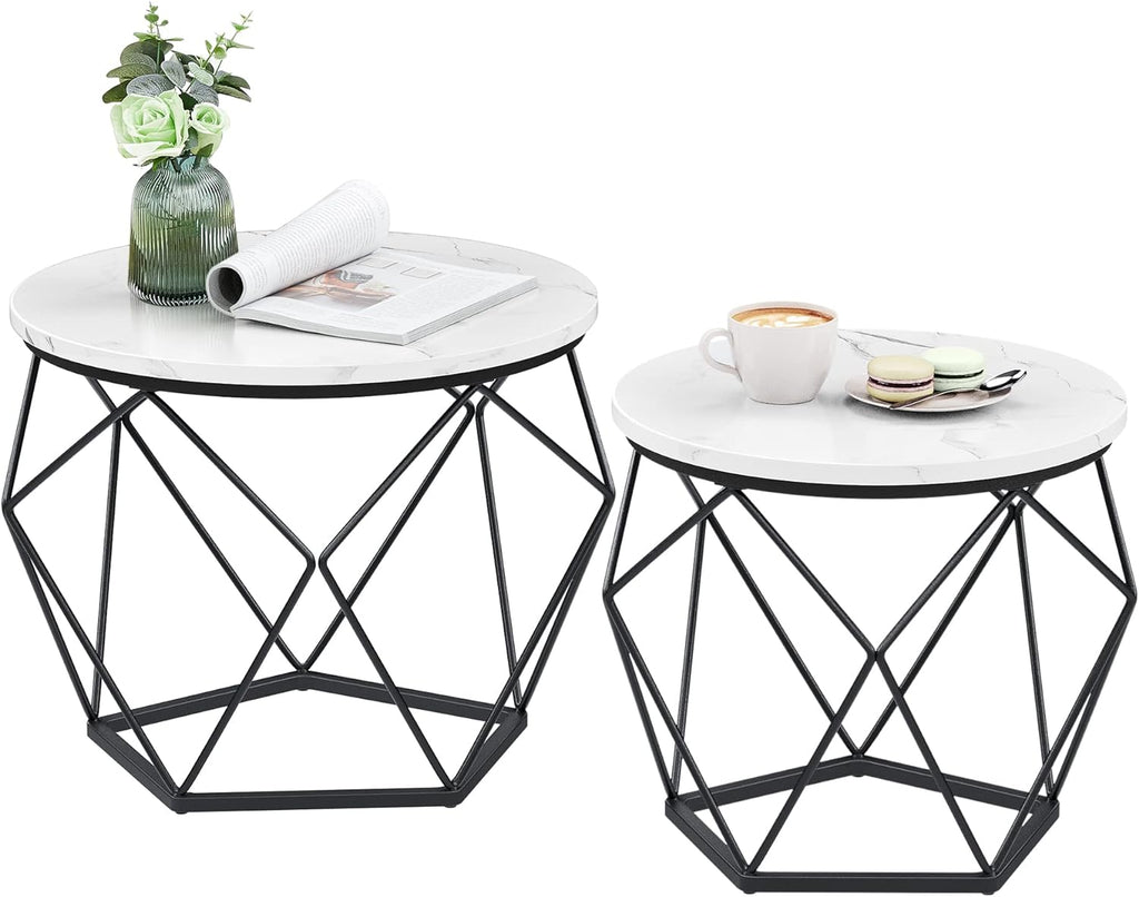VASAGLE Small Round Coffee Table Set of 2, with Steel Frame
