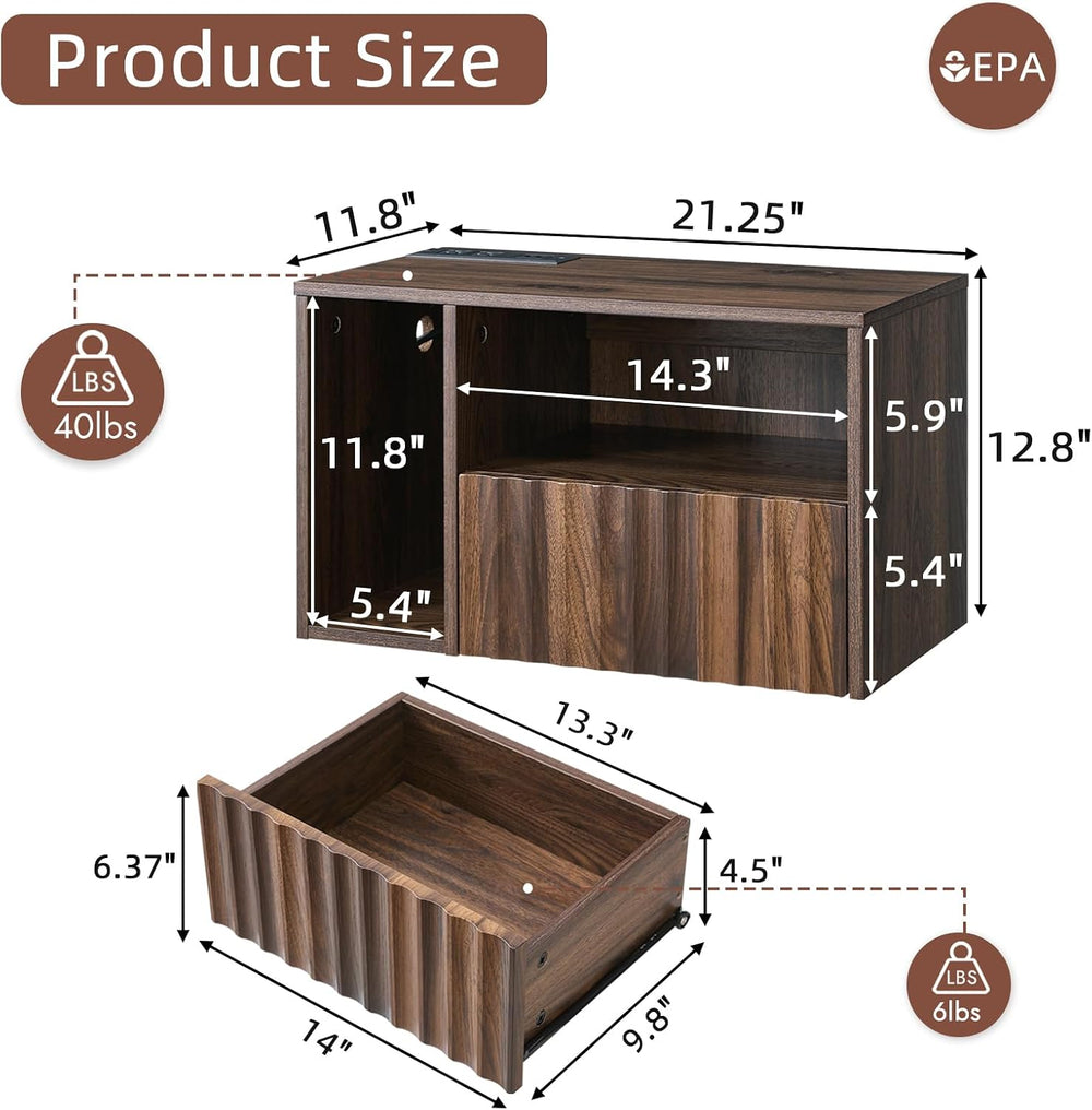 BuildHom Floating Nightstand Set of 2 with Charging Station, Walnut