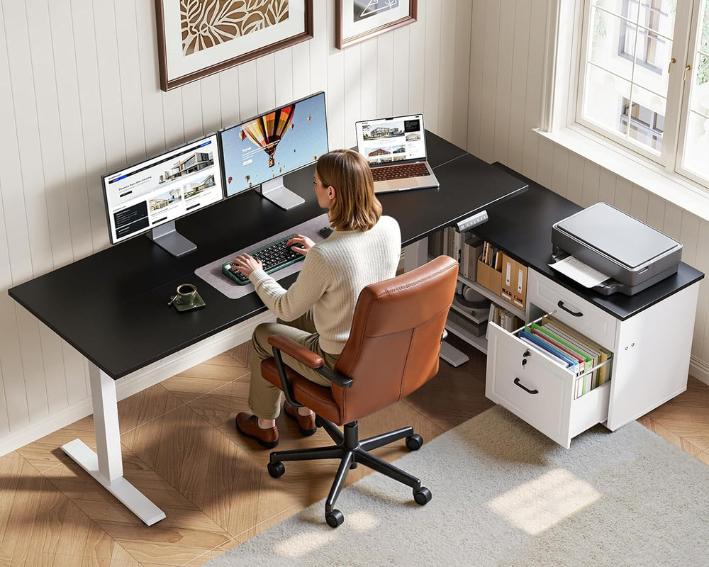 OffiGo 55" L Shaped Electric Standing Desk with Cabinet Sets, Black/White