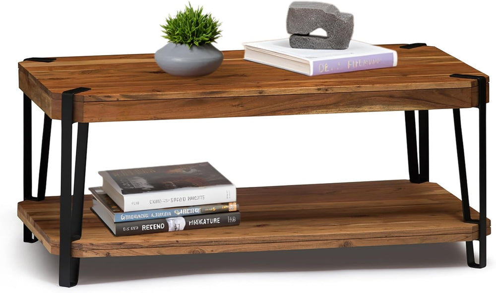 Ryegate 42-Inch Coffee Table – Solid Acacia Wood Live Edge Top with Lower She...