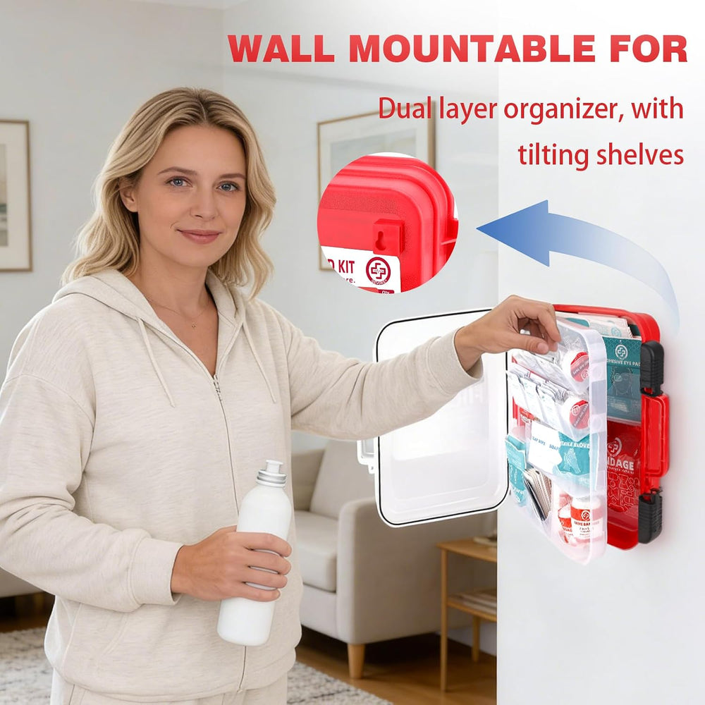 400 Piece First Aid Kit, Organized Dual-Layer Wall-Mountable Hard Case