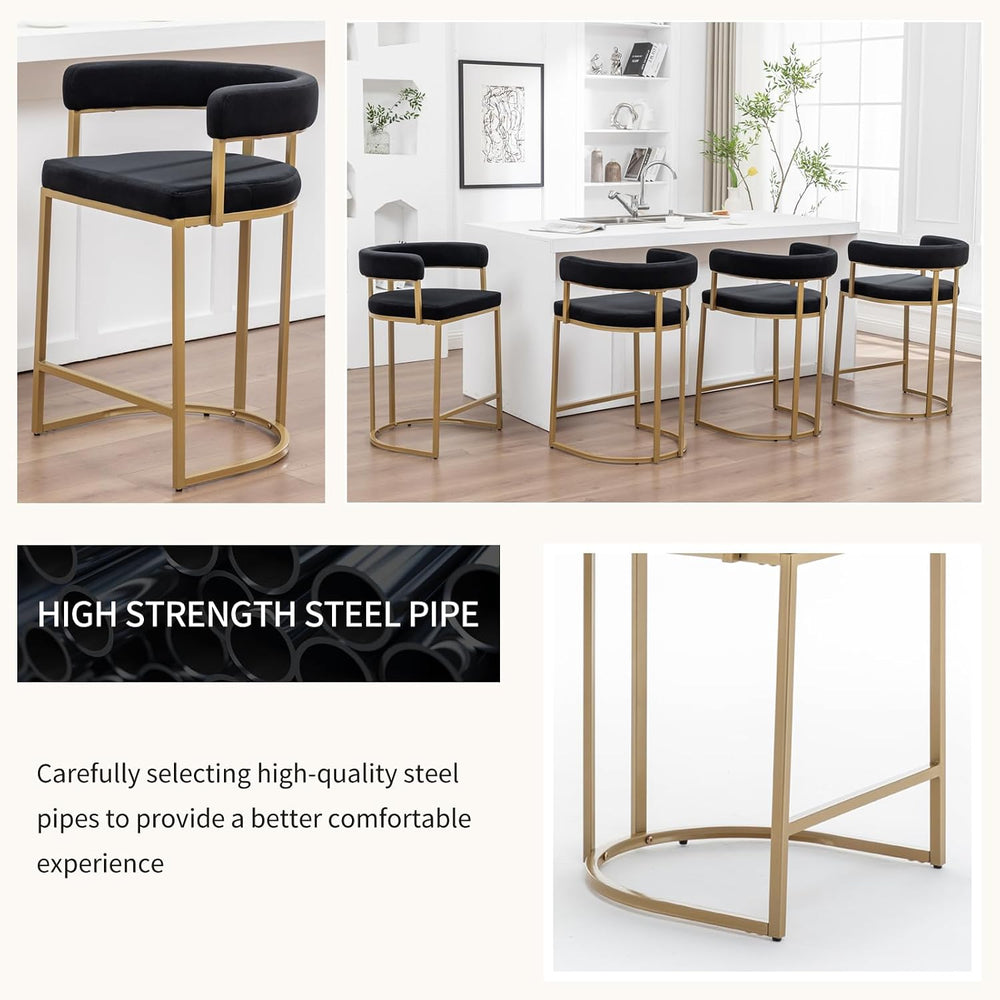 Gold Counter Height Bar Stools Set of 2, Modern Velvet Barstools with Barrel ...