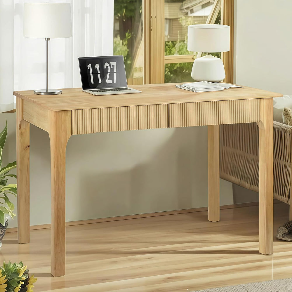39.4'' Solid Wood Desk with 2 Drawers, Small Mid Century Modern Home ...