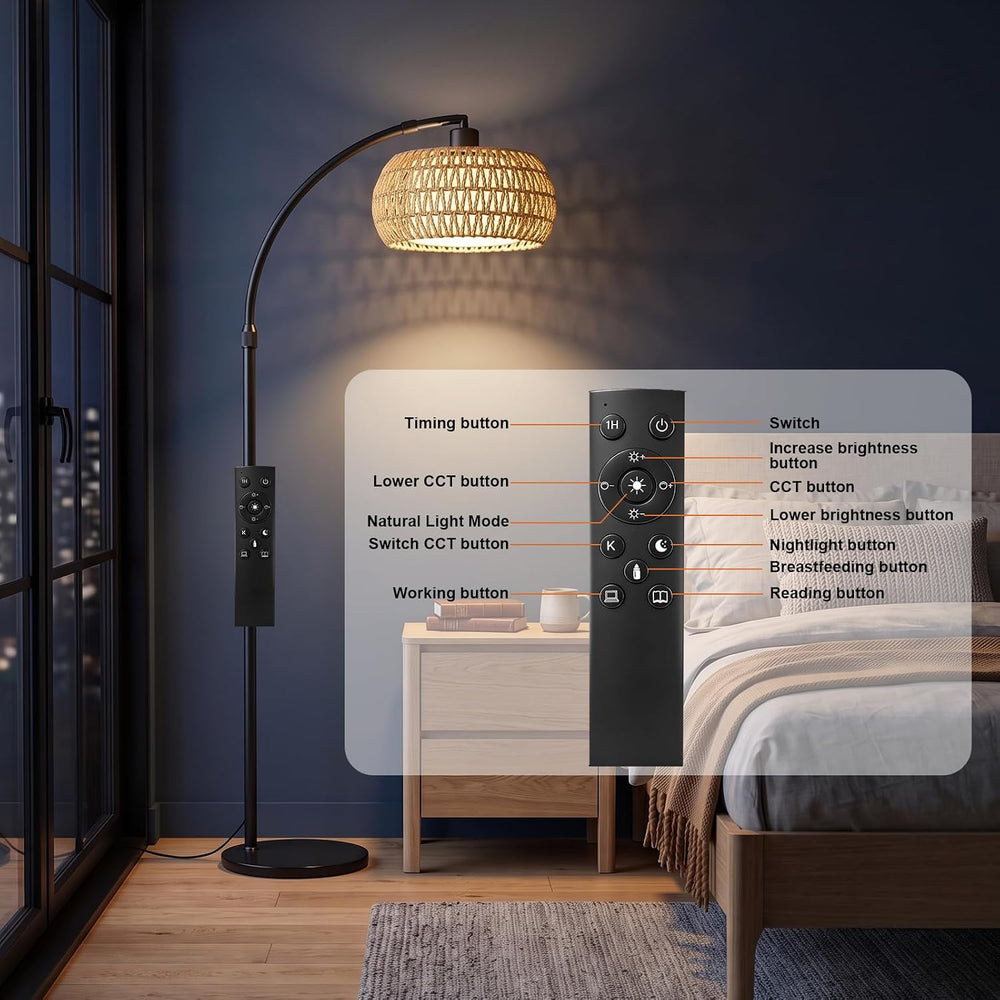 Arc Floor Lamp for Living Room, Rattan Floor Lamp with Remote Control