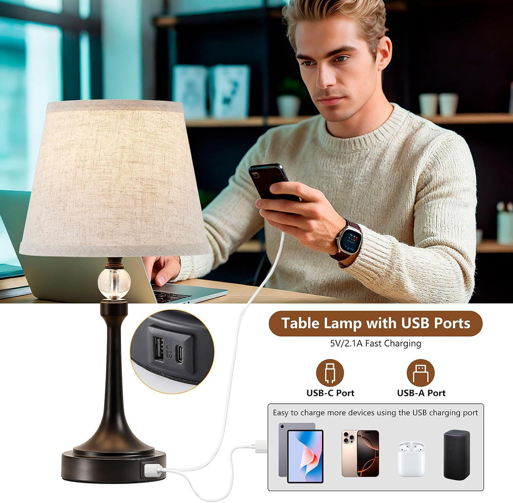 Touch Black Table Lamp Set of 2 with USB C+A Ports, Desk Lamp-19.7''