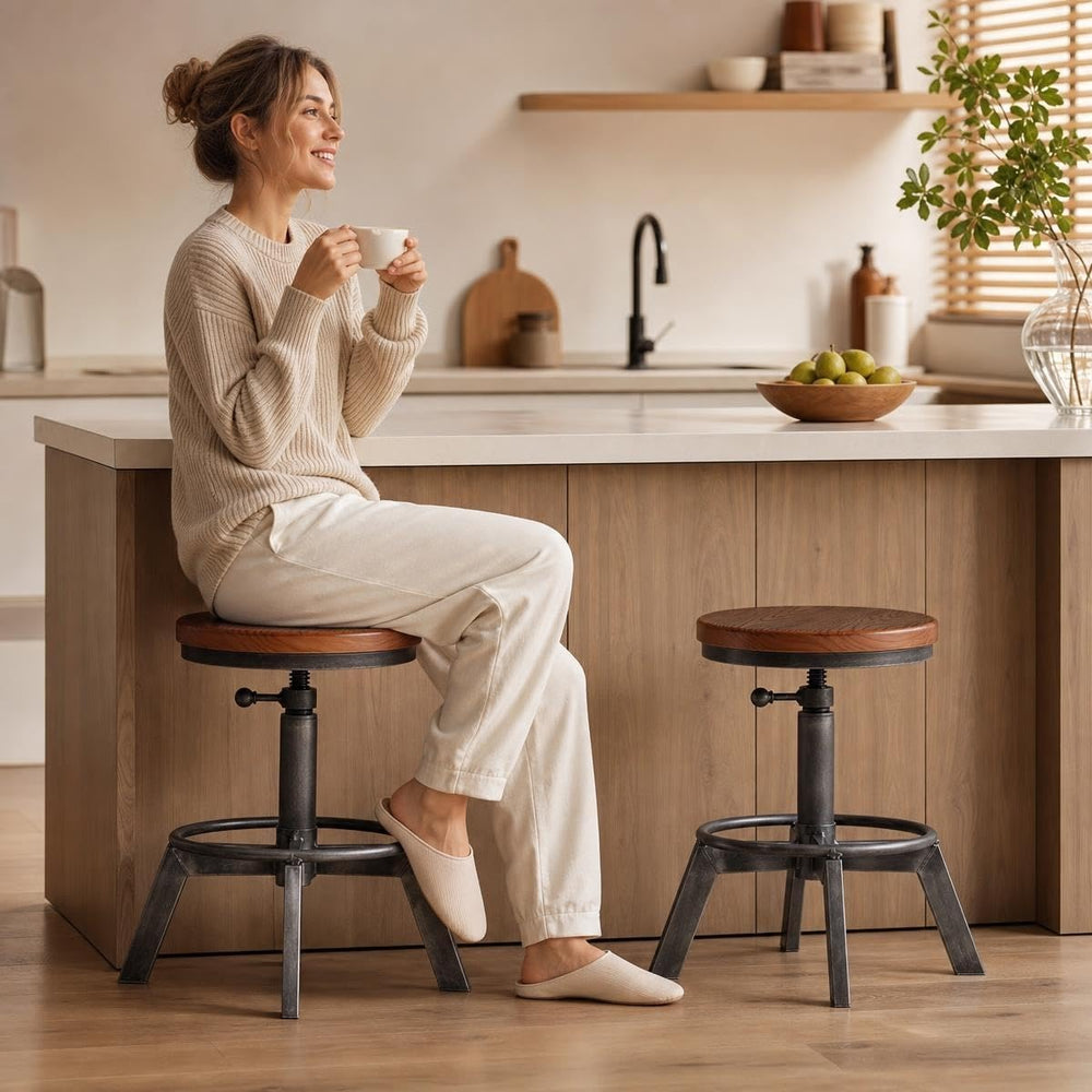Set of 2-Industrial Bar Stool-Counter Height Chairs- Swivel Wooden Seat- Adju...
