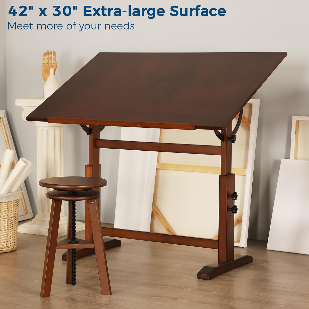 viswin wood drafting table for adults, 30" x, side view