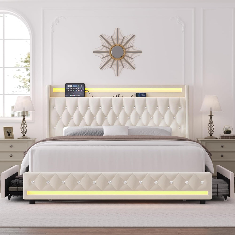 HIFIT Upholstered Queen LED Bed Frame w/Storage & Charging Headboard, Beige
