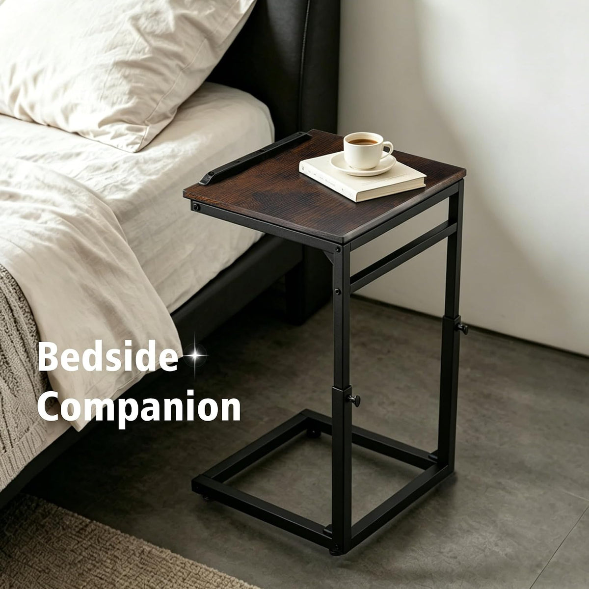facka C Shaped TV Tray Table, Adjustable Height & 0-60° Tilt for Couch | C Table Sofa Side End Table with Stopper Ledge, Couch Table for Eating, Laptop, Reading & Small Spaces Brown