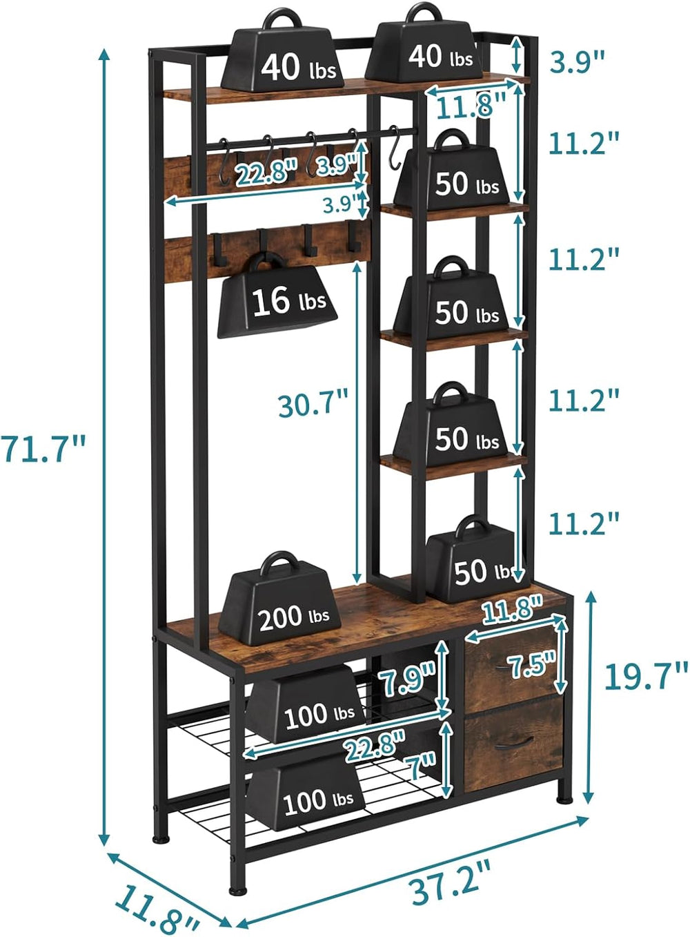 LUMTOK Hall Tree with Bench & Shoes Storage,Entryway Coat Rack with Drawers
