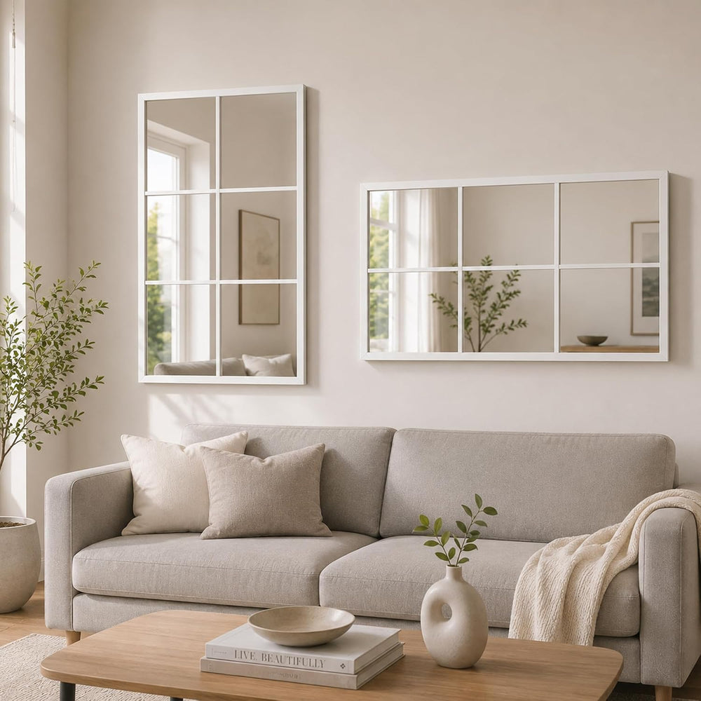 Wall Mounted Mirror, 30"x20" Rectangular Window Pane Mirror (White)