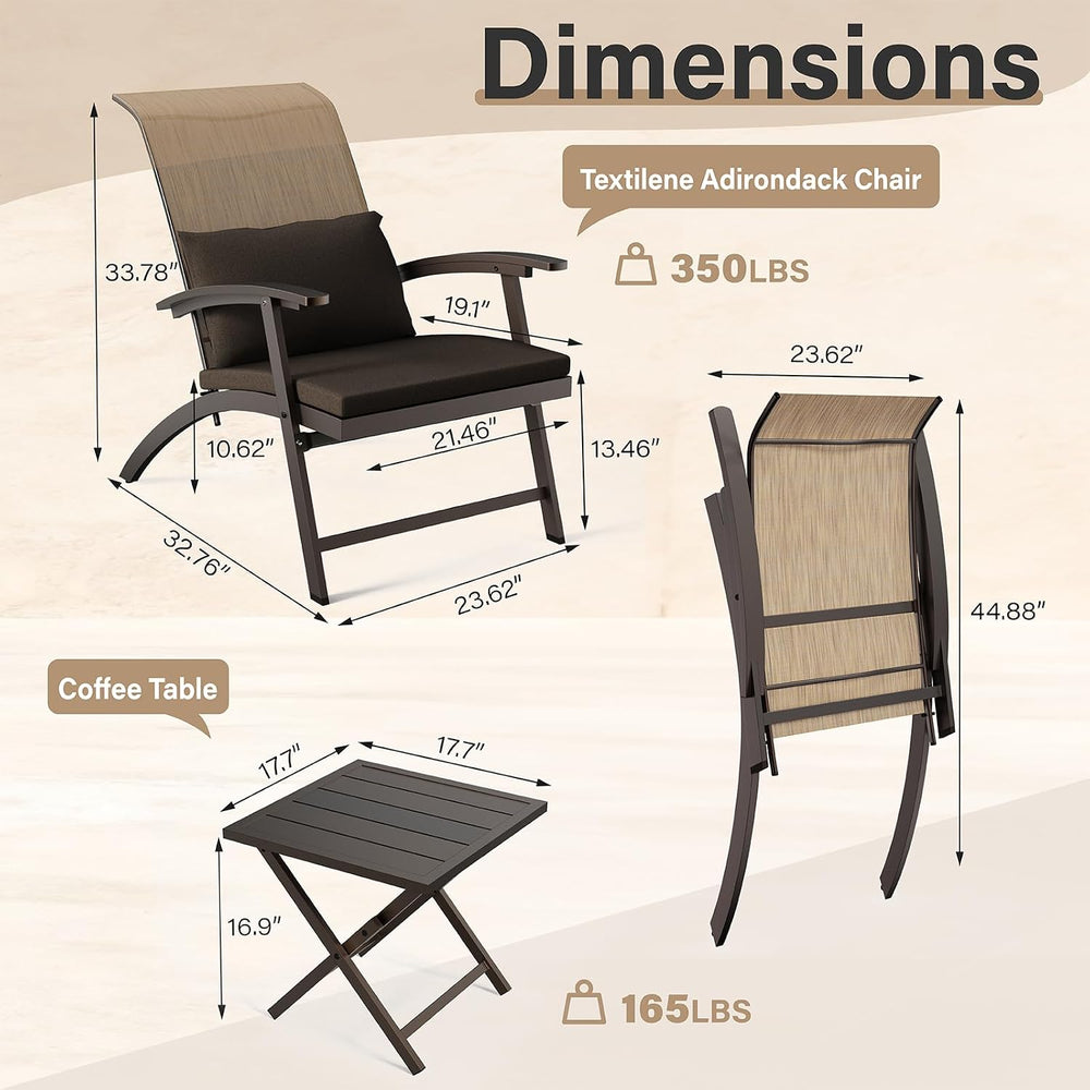 3 Piece Patio Furniture Set, Foldable Textilene Bistro chairs, Metal Table
