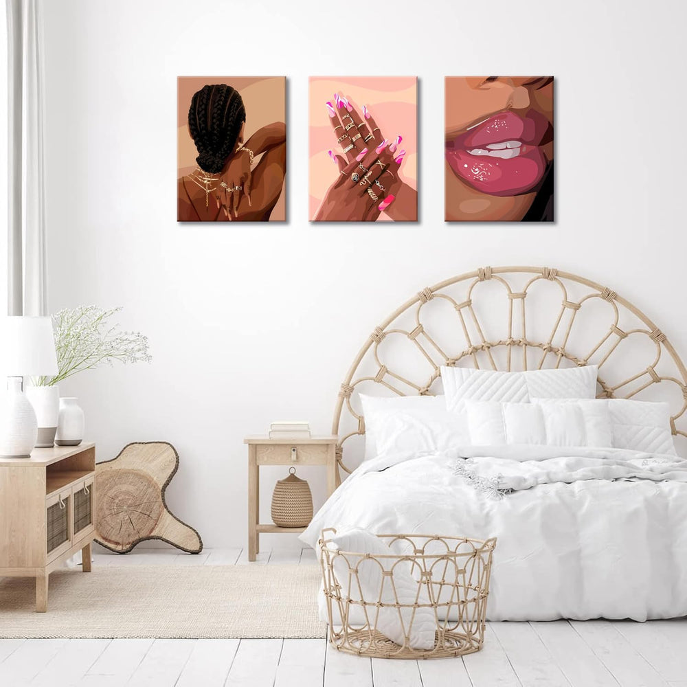 Black Girl Pink Wall Art Set of 3 African American Black Women Canvas Posters...