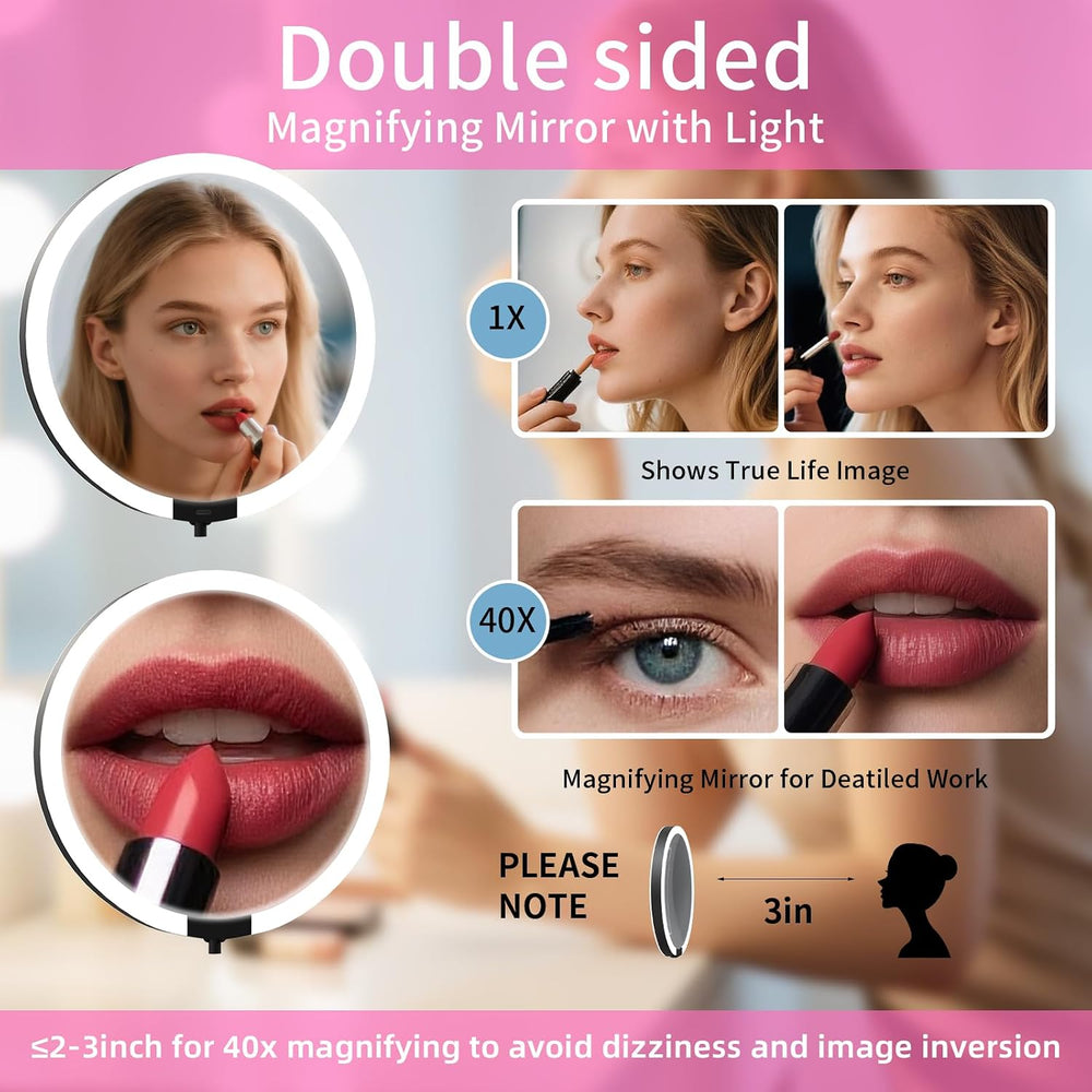 Travel Magnifying Makeup Mirror with Lights, Double Sided 40X/1X, 6inch