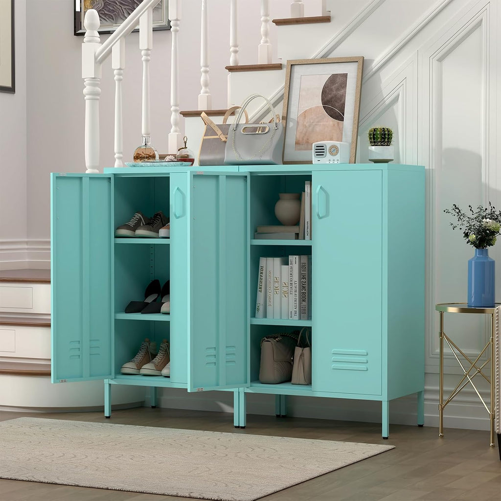 IRONFFICE Metal Accent Cabinet, Steel Cabinet Organizers and Storage, Metal Cabinet with Adjustable Shelves, 2 Doors Storage Cabinet for Living Room, Hallway, Office, Blue