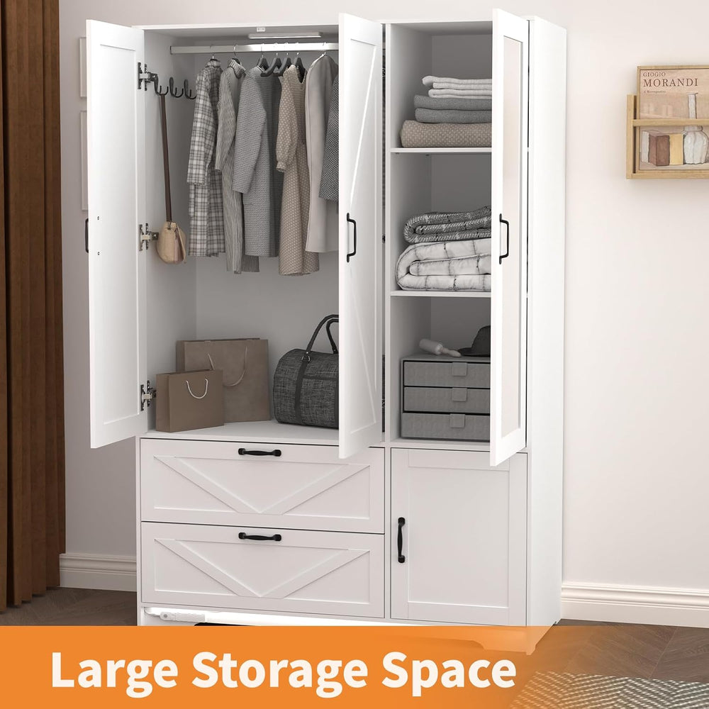 72'' Armoire Wardrobe Closet with Mirror Door & Light, Farmhouse ...