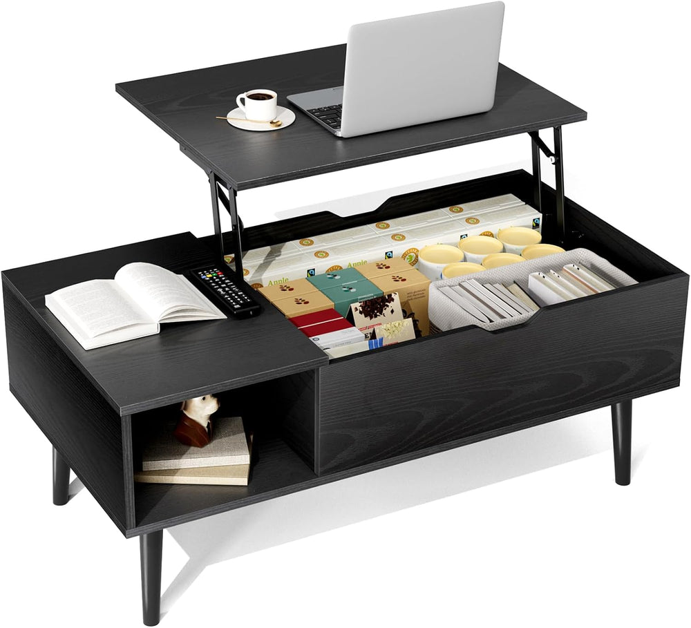 NEWBULIG Wood Lift Top Coffee Table with Storage for Living Room, Black