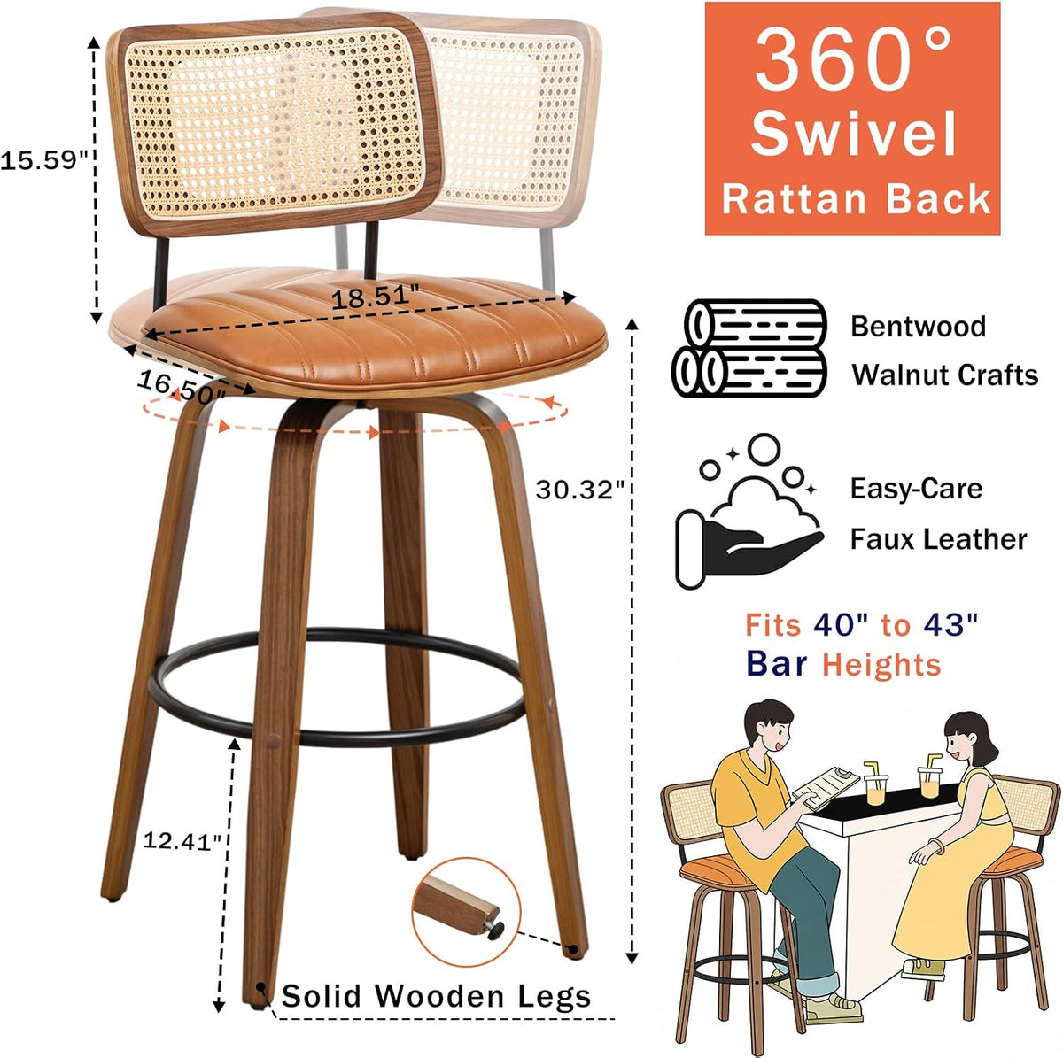Bar Height Bar Stools, Rattan Swivel Bar Stools with Walnut Craftsmanship