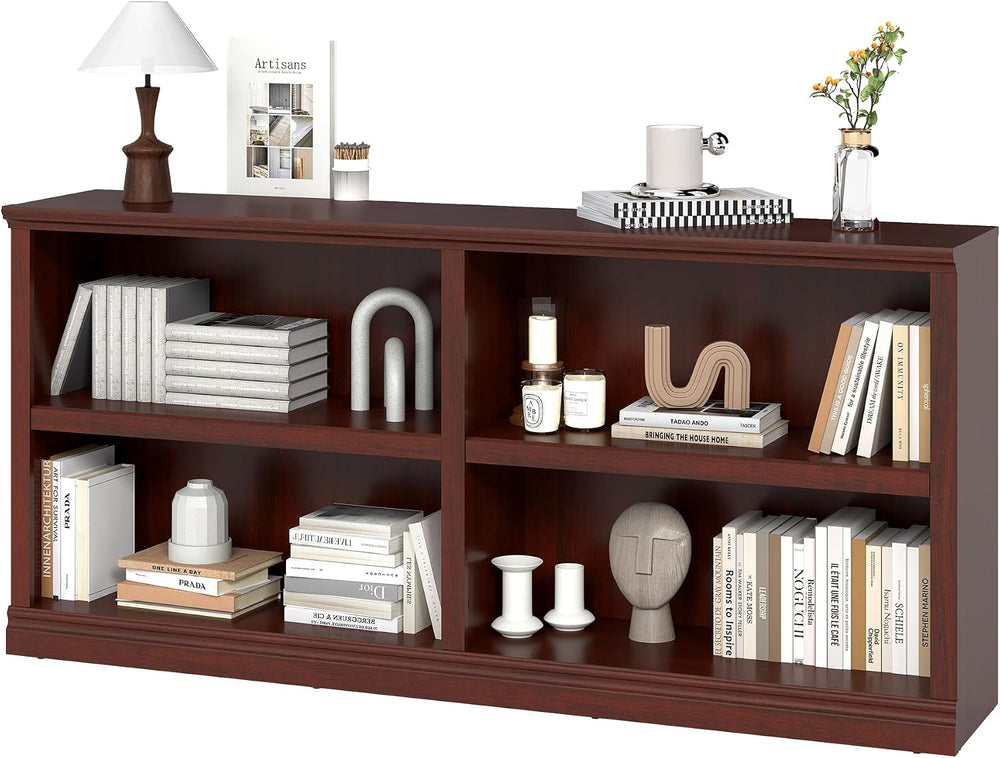 64" W Double Wide Open Shelf Bookcase, 2 Tiers 4 Storage Cube Book Case
