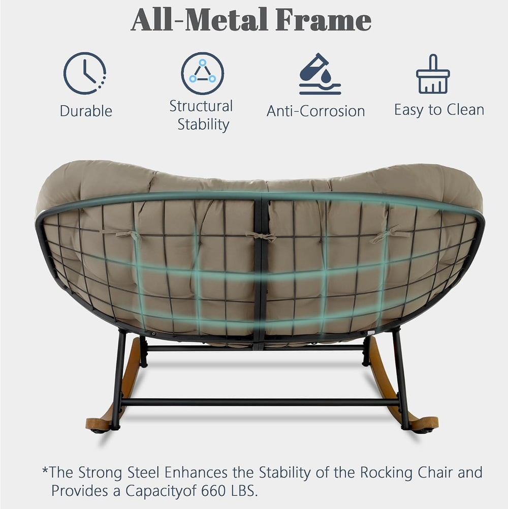 Double Papasan Patio Rocking Chair for Two, Oversized Outdoor Loveseat with T...
