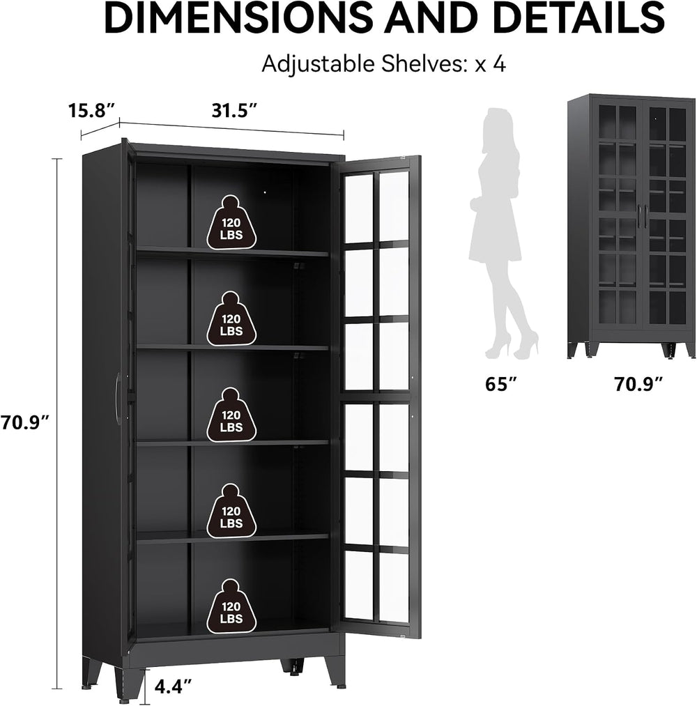 COFaR 71" Black Metal Pantry Cabinet with Glass Doors for Living Room