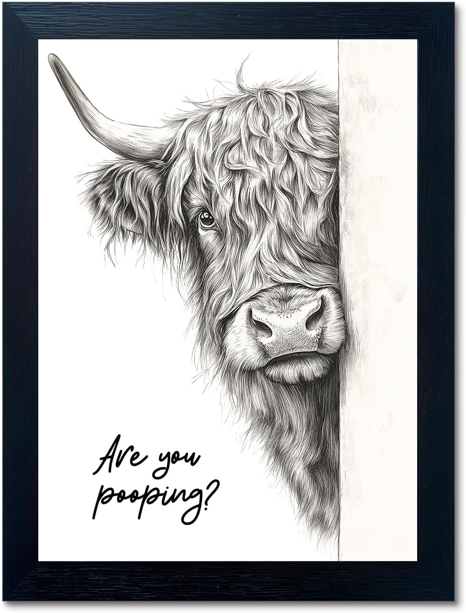 Funny Highland Cow Bathroom Wall Art - Rustic Farmhouse Wall Decor with Humor...
