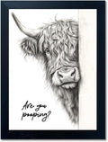 Funny Highland Cow Bathroom Wall Art - Rustic Farmhouse Wall Decor with Humorous Are You Pooping Canvas Print, Cute Animal Canvas Art for Restroom - Black Framed Cow Pictures Wall Decor Ready to Hang 16"x20"