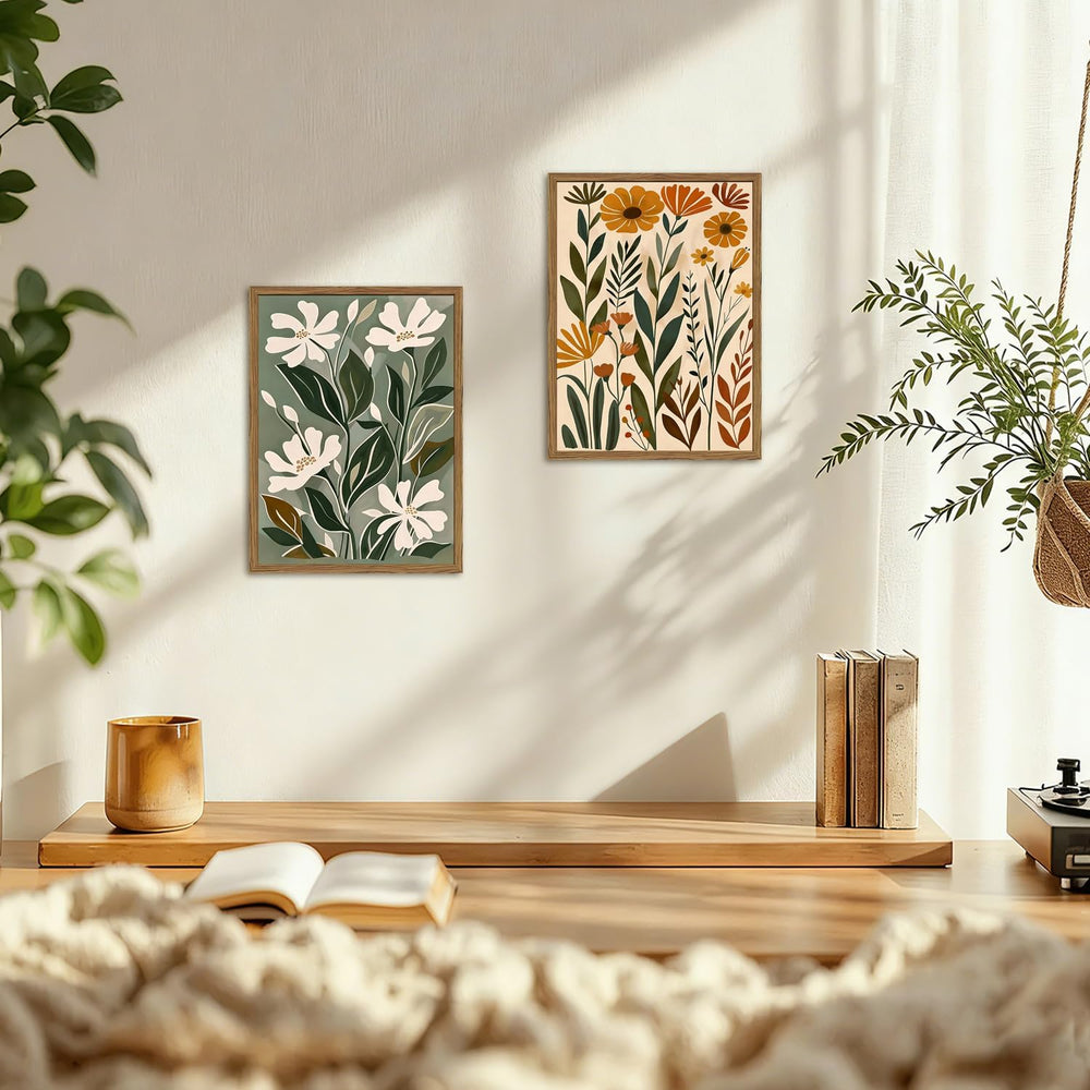 Framed Boho Floral 3 Piece Wall Art,Mid Century Modern Abstract Flower Pictur...