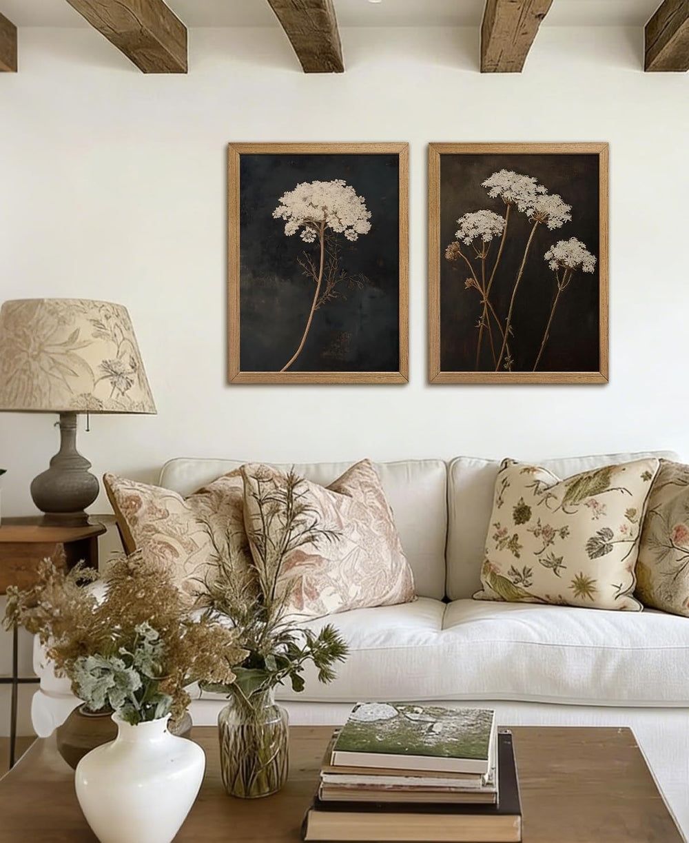 Framed Moody Botanical Wall Art Set of 2, Vintage Wildflower Canvas Prints,Ru...