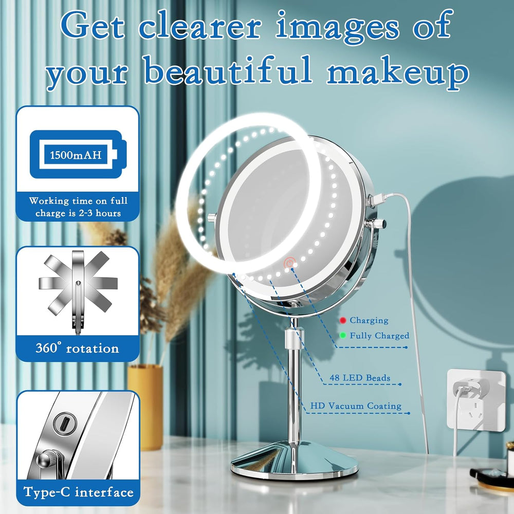 Vanity Mirror with Lights 7" Rechargeable 1x/10x Lighted Makeup Mirror A...