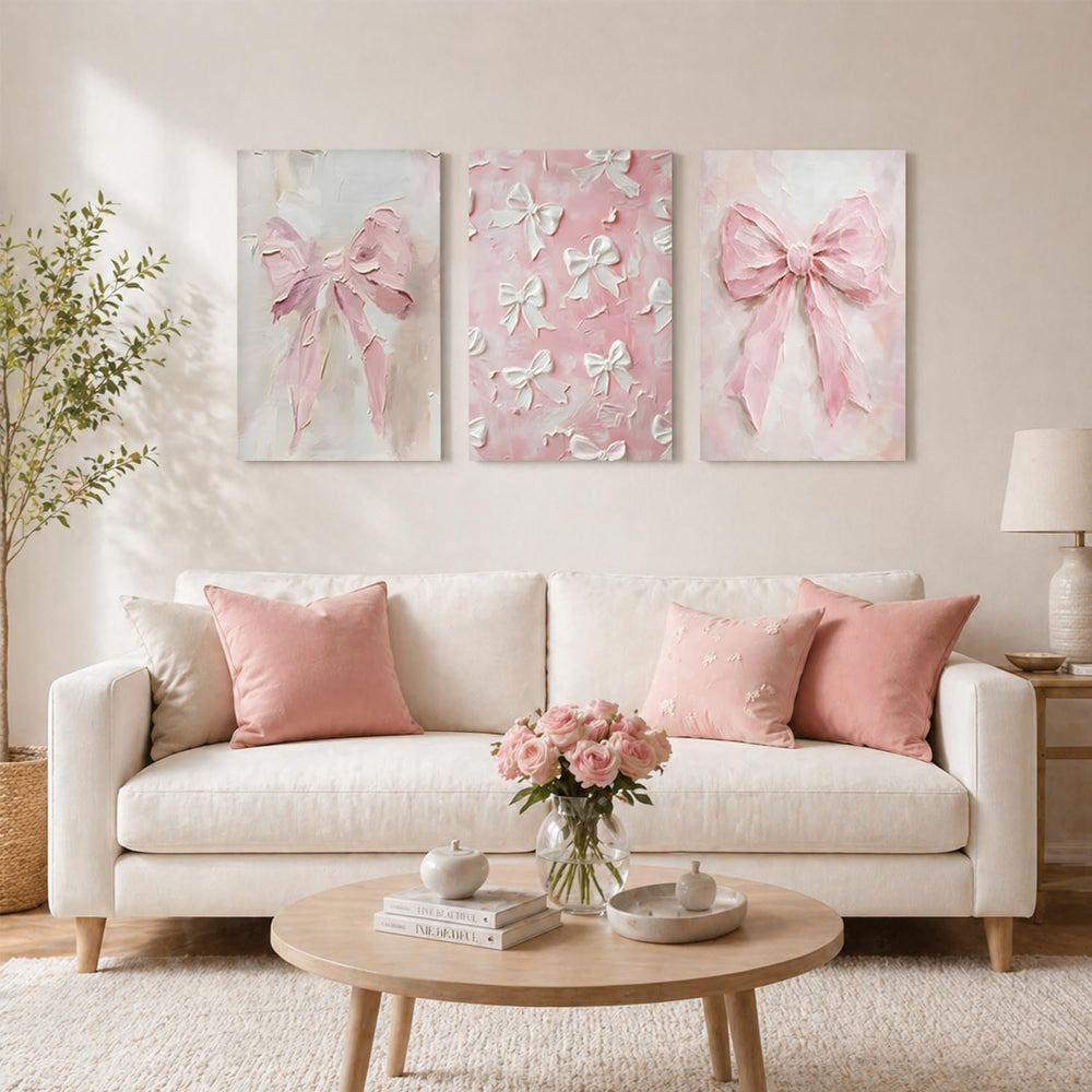 Pink Bow Canvas Wall Art Set of 3 Trendy Preppy Oil Painting Posters Wall Dec...