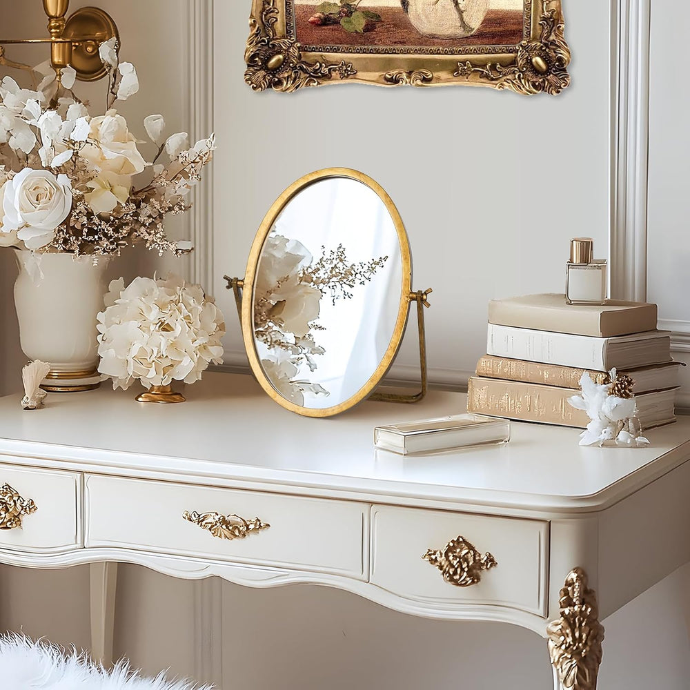 Oval Small Vintage Desk Mirror, Antique Gold Vanity Table Mirror